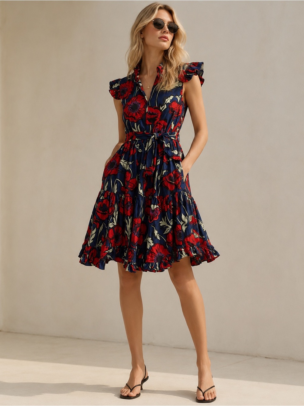 La DoubleJ Short & Sassy Dress Big Blooms Cotton Poplin Size S Made in Italy